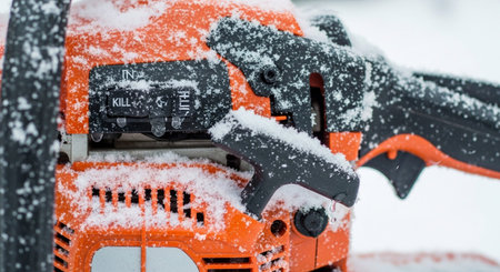 A detailed close-up shot of an orange and black chainsaw heavily coated in fresh, white snow. The cold weather has left frozen droplets clinging to the handle, controls, and engine housing. The texture of the snow and ice contrasts sharply with the vibrant orange of the tool, highlighting its rugged, functional nature. The captures the essence of winter work and the impact of the on outdoor equipment.の素材