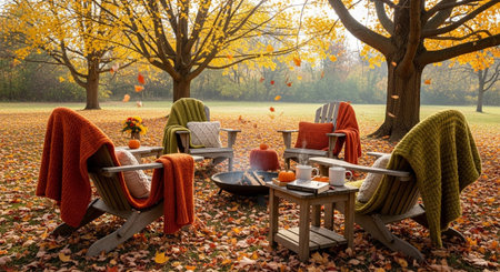 A charming and inviting autumn scene set in a backyard or park-like setting. Several wooden Adirondack chairs are arranged in a circle around a metal fire pit, suggesting a place for gathering and relaxation. Each chair is draped with warm, textured blankets in shades of orange and green, and decorative cushions add to the cozy ambiance. Small pumpkins and mugs are placed on a side table, hinting at warm drinks and seasonal treats. The ground is covered in a thick carpet of fallen autumn...の素材