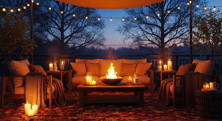 An inviting outdoor patio scene set during an autumn evening. A central fire pit glows with warm flames, surrounded by comfortable seating including a sofa and armchairs adorned with plush cushions and knitted blankets. String lights are draped overhead, casting a soft glow, complemented by numerous lit candles placed on side tables and around the floor. Fallen autumn leaves are scattered across the ground, enhancing the seasonal ambiance. The overall mood is cozy, warm, and relaxing.の素材