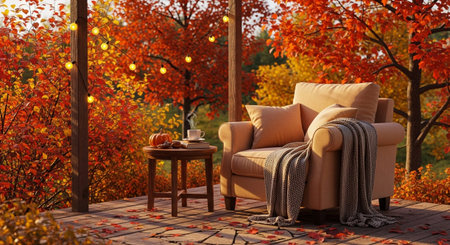 A plush, comfortable armchair is set on a wooden porch, draped with a soft knitted blanket. In front of the chair sits a small side table with a pumpkin, a book, and a steaming cup of coffee. The backdrop is a riot of vibrant autumn colors, with trees ablaze in shades of orange, red, and yellow. Warm string lights are draped overhead, casting a gentle glow. Fallen leaves are scattered on the porch floor, adding to the cozy, inviting atmosphere of a autumn evening.の素材