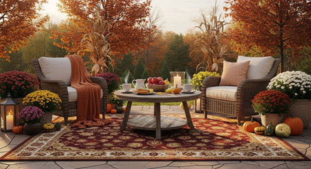 A charming and inviting autumn patio scene is set for relaxation. Wicker armchairs flank a rustic coffee table laden with seasonal delights: pumpkins, gourds, and a bowl of fruit. Mugs of warm drinks sit ready, suggesting a cozy gathering. Vibrant potted chrysanthemums in shades of red, yellow, and purple add pops of color, complemented by decorative lanterns and candles. A richly patterned rug anchors the seating area, all set against a backdrop of trees displaying fall foliage, creating a...の素材