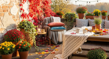 A charming autumn patio is decorated with an abundance of fall flowers, including vibrant red, yellow, and orange chrysanthemums in terracotta pots. Lush green ivy climbs a weathered brick wall, its leaves turning a striking red. A comfortable chair is draped with warm, knitted blankets and colorful cushions. A small side table holds candles and a lantern, while a larger wooden table is set with mugs and a knitted throw, suggesting a cozy gathering. Fallen leaves are scattered across the...の素材