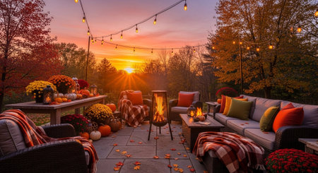 A cozy autumn patio scene at sunset, illuminated by warm string lights and the glow of a fire pit. Comfortable outdoor furniture is adorned with plaid blankets and colorful pillows. Pumpkins and mums add festive fall decorations, creating an inviting and warm ambiance for an evening gathering.の素材