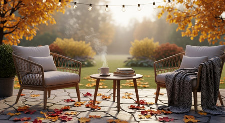 A charming autumn patio scene invites relaxation. Two comfortable wicker chairs with plush cushions flank a small wooden table. A steaming mug of coffee sits on the table, alongside a stack of books. A cozy blanket is draped over one chair. Above, warm string lights cast a gentle glow. Fallen autumn leaves in shades of red, orange, and yellow are scattered across the stone patio, with vibrant foliage and trees in the background.の素材