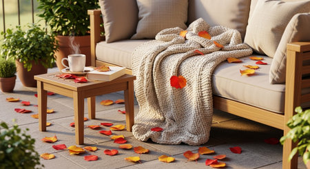 A cozy autumn scene unfolds on an outdoor patio. A comfortable sofa is draped with a textured knit blanket, adorned with scattered red and yellow fallen leaves. A small wooden table holds a steaming cup of coffee and an open book, inviting relaxation. Potted green plants add a touch of life to the setting, while more colorful leaves are scattered across the tiled floor, creating a warm and inviting atmosphere.の素材