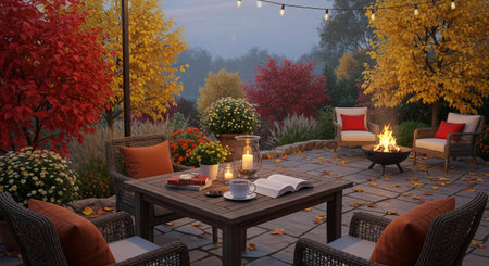 A warm and inviting autumn patio scene set for relaxation. A crackling fire burns in a central fire pit, casting a warm glow. Comfortable wicker chairs with orange cushions surround a wooden table laden with books, a steaming coffee cup, and a lit candle in a glass lantern. String lights overhead add a magical ambiance to the twilight setting. The surrounding garden bursts with the vibrant colors of fall foliage, featuring trees and bushes in shades of red, yellow, and orange.の素材