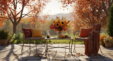 This inviting autumn scene a tranquil patio setting bathed in the warm glow of late afternoon sunlight. Two ornate metal chairs, adorned with plush cushions and a knitted throw, flank a small metal table. A vase overflowing with vibrant sunflowers and fall foliage sits at the center, complemented by a book and a cup of steaming tea. Fallen leaves are scattered across the stone patio, and the surrounding trees display a rich tapestry of orange and red hues, creating a picturesque and cozy...の素材
