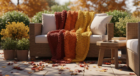 A cozy outdoor seating area is depicted, featuring a comfortable-looking couch and armchair adorned with a thick, chunky knit blanket in warm autumn colors of red, orange, and yellow. Fallen leaves in vibrant fall hues are scattered across the patio floor. A small wooden side table holds a book and a mug, suggesting a moment of quiet relaxation. The surrounding greenery and warm sunlight enhance the inviting, seasonal atmosphere.の素材