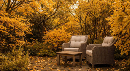 A tranquil garden scene bathed in the warm hues of autumn. Two comfortable wicker armchairs and a rustic wooden coffee table are arranged on a stone patio, surrounded by trees adorned with vibrant yellow and orange foliage. Fallen leaves carpet the ground, adding to the cozy and inviting atmosphere. The dappled sunlight filtering through the branches creates a peaceful and serene outdoor retreat.の素材