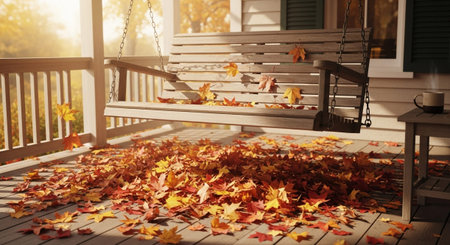 A weathered wooden porch swing hangs from chains on a sun-drenched wooden deck. The porch floor is covered in a thick carpet of vibrant red, orange, and yellow fallen maple leaves. Sunlight streams through the railing, casting long shadows. A small table with a steaming mug sits to the side, suggesting a moment of quiet contemplation on a crisp autumn day. The background the blurred foliage of trees in warm autumn hues.の素材