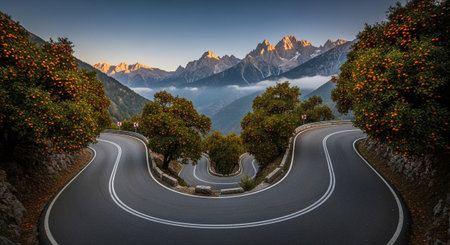 A dramatic and challenging mountain road snakes its way through the landscape with numerous hairpin turns. The road is lined with vibrant orange trees laden with fruit, contrasting with the rugged, snow-capped peaks in the background. The sky is a clear blue, hinting at either sunrise or sunset, casting a warm golden light on the scene. The combination of the engineered road, the natural beauty of the trees and mountains, and the dramatic lighting creates a visually striking and adventurous...の素材
