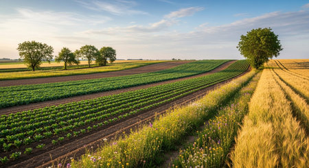 A vast agricultural landscape unfolds under a clear blue sky with scattered clouds. Rolling hills are divided into distinct fields, showcasing vibrant green rows of young crops and golden fields of ripe wheat ready for harvest. Several trees dot the horizon, adding depth to the scene. A narrow path of wildflowers runs alongside the wheat field, adding a touch of natural beauty to the cultivated land. The sunlight casts a warm glow, highlighting the textures and patterns of the farmland.の素材
