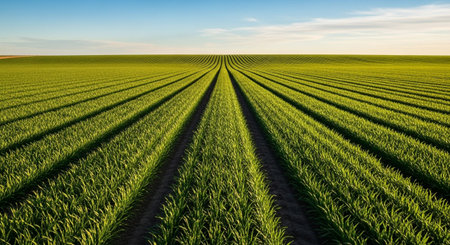 An immense agricultural field stretches towards the horizon, showcasing perfectly aligned rows of vibrant green crops. The meticulous cultivation creates a striking visual pattern of parallel lines receding into the distance. The scene is bathed in the warm glow of either dawn or dusk sunlight, casting long shadows and highlighting the texture of the soil and the healthy growth of the vegetation. The vast expanse of the field is set against a clear, pale blue sky, emphasizing the scale and...の素材