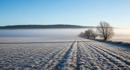A serene winter landscape unfolds under a clear blue sky. A country road winds through a field covered in a thick layer of frost, creating a textured, white carpet. Bare trees line the side of the road, their branches dusted with frost. A gentle mist or fog hovers in the distance, softening the horizon and creating an ethereal atmosphere. Long shadows are cast across the frosty field by the low winter sun, adding depth and pattern to the scene.の素材