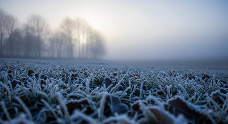A close-up view of frost-covered grass and fallen leaves in a misty winter field. The delicate ice crystals glisten on the blades of grass and the decaying leaves, creating a textured and intricate pattern. In the background, bare trees stand as silhouettes against the hazy sky, adding to the serene and quiet atmosphere of a cold winter morning.の素材
