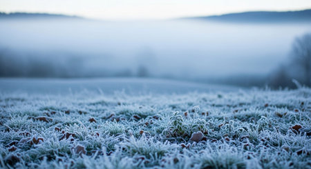 A close-up view of frost-covered grass and fallen leaves on the ground, with a soft focus on the distant hills shrouded in mist. The cool, muted tones of blue, grey, and white create a serene and peaceful winter morning atmosphere. The delicate ice crystals on the blades of grass and leaves highlight the crispness of the cold air.の素材