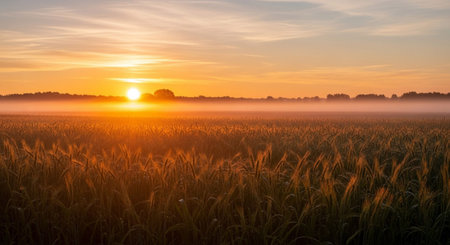 A sunrise paints the sky with warm orange and yellow hues, casting a golden glow over a vast wheat field. A gentle mist hovers just above the crops, creating a soft, ethereal atmosphere. The sun, a bright orb, is partially obscured by distant trees on the horizon. The scene evokes a sense of peace, tranquility, and the beauty of nature at the start of a new day.の素材