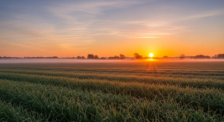 A sunrise paints the sky in vibrant hues of orange and yellow, casting long sunbeams across a vast agricultural field. A gentle mist hovers low over the land, partially obscuring distant trees and buildings. The foreground is dominated by rows of lush green crops, glistening with morning dew. The overall scene evokes a sense of peace, tranquility, and the beauty of nature at the start of a new day. The light is soft and warm, highlighting the textures of the crops and the atmospheric haze.の素材