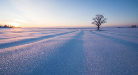 A solitary bare tree stands in a vast, snow-covered field, its silhouette stark against the soft hues of a sunrise or sunset. Long, dramatic shadows stretch across the undulating white landscape, creating a sense of depth and perspective. The sky transitions from a pale blue near the horizon to a deeper shade overhead, with the low sun casting a warm glow. The snow appears textured and sparkling, hinting at frost or ice crystals. evokes feelings of solitude, peace, and the stark beauty of a...の素材