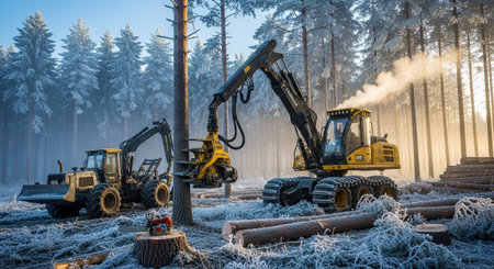 Two powerful yellow and black logging machines are actively working in a snow-covered forest. Frost and ice coat the trees and ground, creating a stark, cold atmosphere. One machine is equipped with a grapple and cutting mechanism, positioned near a tree trunk, while another vehicle with a front loader is visible in the background. Cut logs are piled nearby, and a chainsaw rests on a stump. Wisps of steam or exhaust rise from the machinery, contrasting with the bright, diffused sunlight...の素材