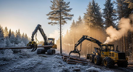 Two yellow logging machines are actively working in a snow-covered forest during a cold sunrise. One machine, a harvester, is holding a long log with its grapple, while another, a forwarder, is collecting a pile of logs. The ground is covered in frost and a light dusting of snow. Tall pine trees, some bare and others frosted, line the background. Golden sunlight streams through the trees, illuminating the scene and creating a hazy atmosphere with visible steam or exhaust rising from the...の素材