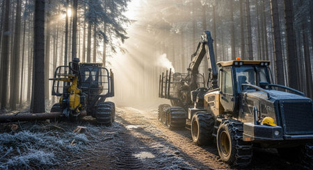 Heavy logging machinery is positioned on a dirt path within a dense forest. Sunbeams pierce through the morning mist and trees, illuminating the scene with a warm glow. Frost covers the ground and fallen logs. One machine has its crane extended, and smoke or steam emanates from its exhaust. The overall atmosphere is cold and industrial, yet illuminated by the soft morning light.の素材