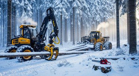 Two yellow logging machines are actively working in a snow-covered forest. One machine, equipped with a grapple, is holding a large log, while another machine in the background is pulling a load of logs. A red chainsaw rests on a snow-covered stump in the foreground. The scene is set amidst tall trees, with snow blanketing the ground and branches. Sunlight filters through the trees, creating a dramatic atmosphere.の素材