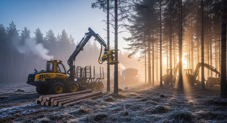 Heavy logging machinery is actively working in a dense forest during a misty sunrise. Golden sunbeams pierce through the trees, illuminating the scene and creating a hazy, atmospheric effect. Logs are stacked neatly on the ground, ready for transport. The ground is covered in frost, indicating a cold morning. The overall mood is industrial yet serene, highlighting the intersection of human activity and nature.の素材
