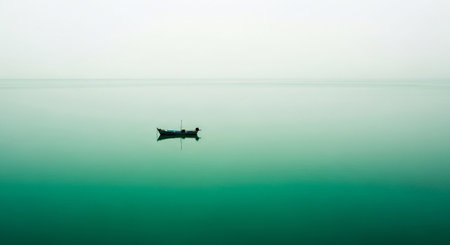 presents a minimalist and serene seascape. A single, small wooden boat floats gently on a vast, calm body of turquoise water. The horizon line is barely discernible, blending the water and the pale, overcast sky into a seamless expanse of muted color. The boat casts a subtle reflection on the glassy surface, emphasizing the profound stillness of the scene. The overall mood is one of quiet contemplation and isolation, highlighting the immense scale of nature against the solitary presence of...の素材