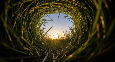A unique perspective looking through a dense tunnel of vibrant green grass blades. The grass forms a circular opening, the eye towards a warm, golden sunset or sunrise in the distance. The sky is a clear blue, with the sun's rays casting a soft glow on the horizon. evokes a sense of nature's beauty, growth, and peaceful tranquility, with a focus on the intricate details of the grass and the expansive sky.の素材