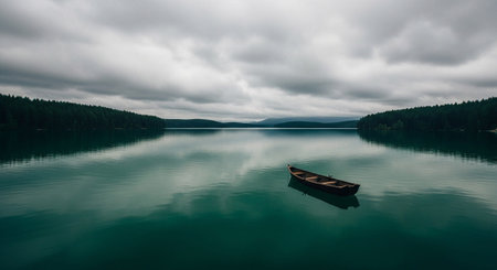 A solitary wooden rowboat rests on the still, emerald-green surface of a lake. The water is calm, reflecting the dramatic, overcast sky filled with heavy clouds. Dense green forest lines the distant shores, with faint mountains visible on the horizon. The scene evokes a sense of profound peace, solitude, and the quiet beauty of nature. The overall mood is contemplative and atmospheric.の素材
