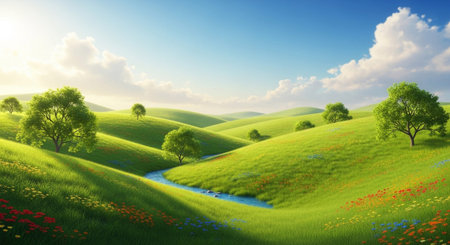 A picturesque landscape featuring rolling green hills bathed in bright sunlight under a blue sky with scattered white clouds. A gentle blue stream winds its way through the verdant landscape. The hills are dotted with small trees and patches of colorful wildflowers in red, yellow, and blue. The scene evokes a sense of peace, serenity, and natural beauty, a spring or summer day.の素材