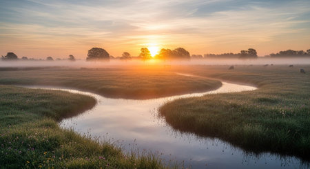 A serene and atmospheric scene of a winding river flowing through a misty meadow at sunrise. The golden sun breaks through the haze, casting a warm glow and creating light rays. Dew-covered grass lines the riverbanks, and a few sheep are visible grazing peacefully in the distance. The gentle mist adds a touch of magic and tranquility to this picturesque rural landscape.の素材