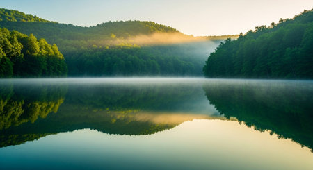 A view of a calm lake at sunrise, enveloped in a soft morning mist. The still water perfectly reflects the lush green forested hills that surround it, creating a mirror of the serene landscape. The rising sun casts a warm, golden glow through the mist, illuminating the distant treeline and the sky above. The scene is one of profound peace and natural beauty.の素材
