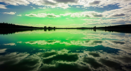 A perfectly still lake acts as a mirror, reflecting a dramatic sky filled with colorful clouds. The water's surface captures the vibrant hues of green and blue, creating an almost surreal, mirrored of the sky above. Silhouetted trees line the distant horizon, adding depth to this tranquil and atmospheric natural scene.の素材