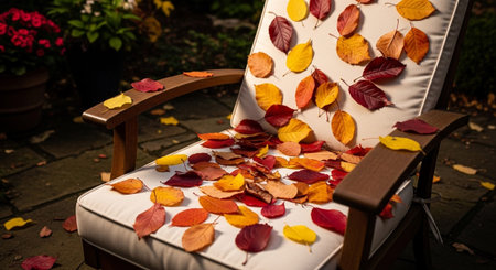 A comfortable outdoor armchair with a white cushion is generously covered in a vibrant scattering of fallen autumn leaves. The leaves display a rich palette of reds, yellows, oranges, and browns, creating a natural decoration. The scene is set on a patio, with hints of greenery and potted plants in the background, suggesting a garden setting. The evokes a cozy and serene feeling, capturing the essence of fall's colorful beauty and the quiet enjoyment of outdoor spaces during the season.の素材