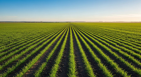 A vast agricultural field showcasing perfectly aligned rows of young, vibrant green crops stretching towards a clear blue horizon. The orderly pattern of the plants, meticulously cultivated, creates a sense of precision and discipline. Bathed in bright sunlight, the scene highlights the process of growth and cultivation, representing the bounty of nature and the efforts of agriculture. The expansive view evokes a feeling of freshness and productivity.の素材
