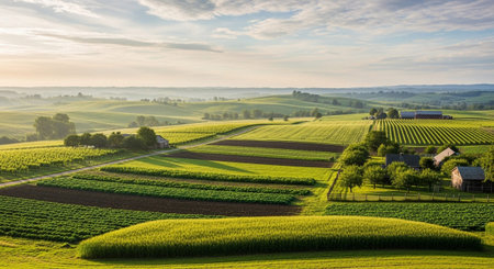 A panoramic view of a rolling agricultural landscape bathed in the soft light of sunrise. Verdant green hills are meticulously cultivated with various crops, including rows of vineyards and neatly tilled fields. Several rustic farmhouses and barns are nestled within the landscape, adding a sense of human presence to the natural beauty. The sky is adorned with wispy clouds, and a gentle haze softens the distant hills. The scene exudes a feeling of peace, abundance, and the timeless beauty of...の素材
