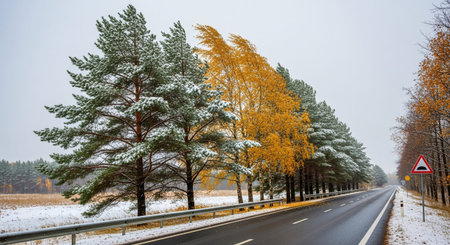 A paved road stretches into the distance, bordered by a row of trees. The scene a transition between autumn and winter, with some trees displaying vibrant yellow autumn foliage while others are dusted with fresh snow. Pine trees with green needles are interspersed with deciduous trees. The sky is overcast and grey, contributing to a cool, atmospheric mood. A metal guardrail runs along the side of the road, and a triangular warning sign is visible in the distance. The ground on the side of...の素材