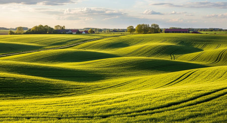 Expansive, undulating green fields stretch towards the horizon, showcasing the intricate patterns created by agricultural cultivation. Sunlight casts dramatic shadows across the rolling terrain, highlighting the textures and contours of the land. Scattered trees and distant farm buildings add context to this serene and picturesque rural landscape.の素材