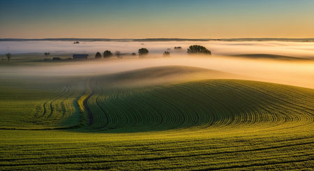 A panoramic view of rolling green farmland at dawn. A thick layer of golden mist blankets the lower parts of the hills, creating a surreal and ethereal atmosphere. The rising sun casts warm, soft light across the landscape, highlighting the curved patterns of the cultivated fields and casting gentle shadows. Distant trees and a small building are visible through the haze, adding depth to the serene rural scene.の素材