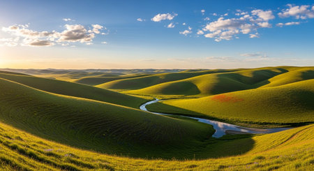 A panoramic view of rolling green hills stretching towards the horizon under a bright blue sky dotted with fluffy white clouds. A gentle river winds its way through the undulating landscape, reflecting the soft sunlight. The vibrant green of the grass is illuminated by the warm light, creating a serene and peaceful atmosphere. captures the vastness and natural beauty of a countryside landscape, evoking a sense of tranquility and unspoiled nature.の素材