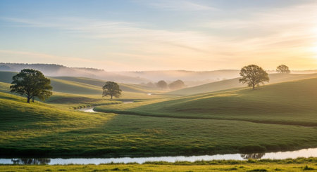 Soft morning light bathes a landscape of gently rolling green hills, creating an ethereal and peaceful atmosphere. A narrow stream winds its way through the undulating terrain, reflecting the pale sky. Scattered trees dot the landscape, their silhouettes softened by the morning mist that hangs in the distance. evokes a sense of tranquility and natural beauty in a rural setting.の素材