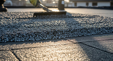 A close-up view of a roofer's gloved hand using a brush or roller to apply a dark, granular coating to a flat roof surface. The appears to be a mix of bitumen and small stones or gravel, creating a textured and protective layer. Golden sunlight streams across the scene, illuminating the granules and casting warm highlights and shadows on the roof tiles. The background hints of buildings and the sky, suggesting an outdoor construction or maintenance activity. The focuses on the detail and...の素材
