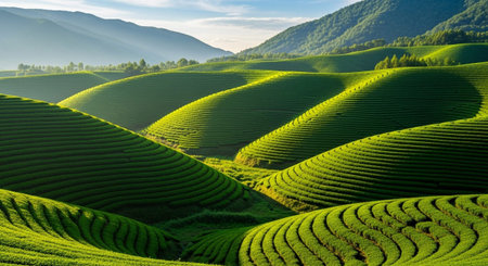 Expansive, undulating green hills are covered with meticulously terraced tea plantations, creating a pattern of vibrant green lines. The sunlight casts dramatic shadows, accentuating the contours of the landscape. In the background, soft, hazy mountains rise against a clear blue sky with a few wispy clouds. This vista evokes a sense of tranquility and natural beauty, showcasing the of tea cultivation in a rural setting.の素材