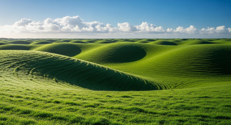 A vast expanse of gently rolling green hills creates a landscape under a bright blue sky dotted with fluffy white clouds. The undulating curves of the hills are accentuated by the interplay of light and shadow, highlighting their smooth, organic forms. The grass is a vibrant green, suggesting a healthy and fertile environment. This serene and picturesque scene evokes a sense of peace and natural beauty, a tranquil outdoor setting.の素材