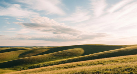 Gentle, rolling green hills stretch towards the horizon under a vast sky filled with delicate, wispy clouds. The scene is bathed in the warm, soft light of the golden hour, casting long, dramatic shadows that accentuate the undulating curves of the landscape. The grass is a vibrant green, with patches of golden hues catching the sunlight. evokes a sense of peace and natural beauty in an open, rural setting.の素材