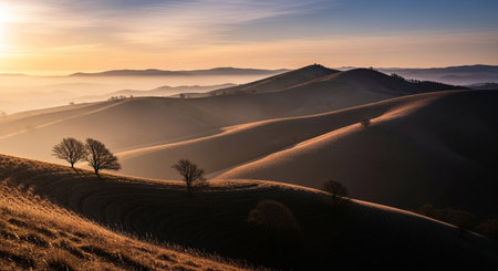 A landscape of gently rolling hills is bathed in the warm, golden light of a sunset. The low sun casts long shadows, creating a dramatic interplay of light and dark across the undulating terrain. Silhouetted against the glowing sky are a few bare trees, their forms stark and Layers of distant hills fade into a soft mist or fog, adding depth and atmosphere to the scene. The overall mood is one of profound peace, natural beauty, and the quiet majesty of the countryside at dusk.の素材