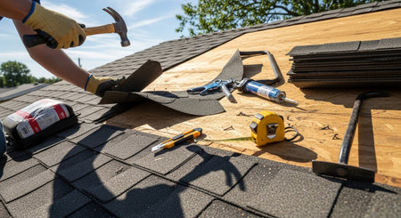 A close-up view of a roofer's hands wearing yellow gloves, holding a hammer and a piece of asphalt shingle, actively working on repairing or replacing a residential house roof. Various roofing tools like a utility knife, caulk gun, tape measure, and a stack of new shingles are scattered on the wooden roof deck. The scene is set outdoors under a clear blue sky, indicating a sunny day construction work.の素材