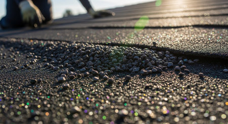 A close-up view of a dark asphalt shingle roof under bright sunlight. The surface is covered with small, dark gray gravel aggregate, which sparkles and glitters due to the intense light and possibly moisture. A noticeable lens flare and bokeh effect adds to the visual interest. In the blurred background, the hands of a construction worker wearing gloves are visible, suggesting ongoing work or repair on the rooftop. The texture of the roofing is prominent.の素材